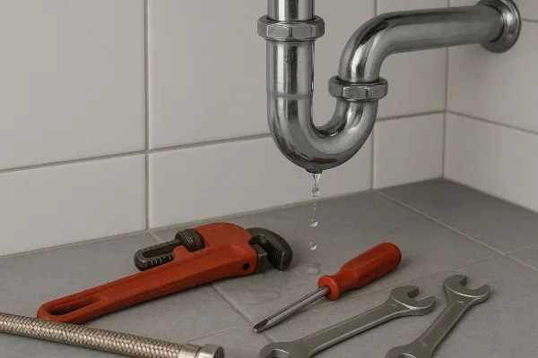 A sink water leak and plumbing tools on the floor from Houston Plumbing Repair in Houston, TX - Commercial plumbing services A sink water leak and plumbing tools on the floor from Houston Plumbing Repair in Houston, TX - Commercial plumbing services