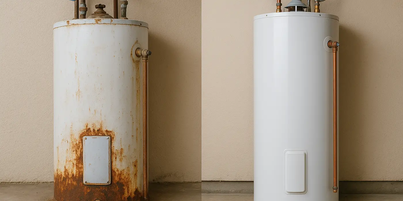 One rusted water heater next to a brand new water heater from Houston Plumbing Repair in Houston, TX - Faucet Installation Services
