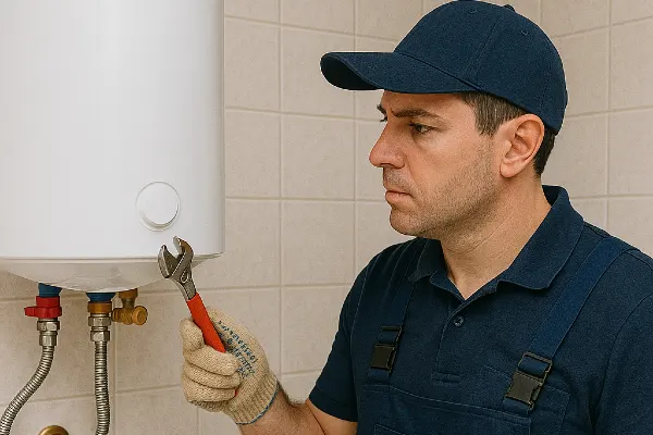A male plumber working on a water heater hanging from the wall from Houston Plumbing Repair in Houston, TX - Faucet Installation Services