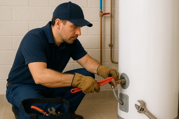 A male plumber working on a water heater connection from Houston Plumbing Repair in Houston, TX - Faucet Installation Services