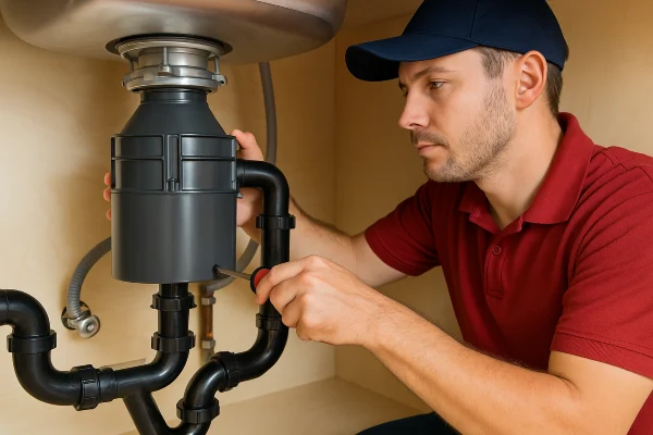 A male plumber with a screwdriver fixing a garbage diposal from Houston Plumbing Repair in Houston, TX - Faucet Installation Services