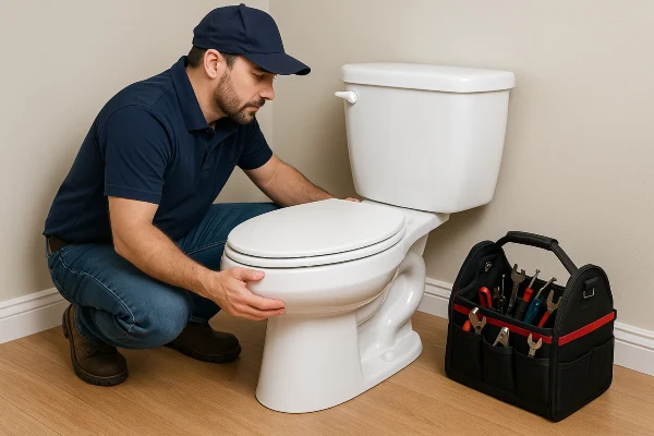 A plumber checking a toilet from Houston Plumbing Repair in Pearland, TX - Pearland TX A plumber checking a toilet from Houston Plumbing Repair in Pearland, TX - Pearland TX