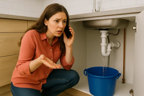 A woman on the phone with a water leak problem underneath the kitchen sink from Houston Plumbing Repair in Pearland, TX - Pearland TX A woman on the phone with a water leak problem underneath the kitchen sink from Houston Plumbing Repair in Pearland, TX - Pearland TX