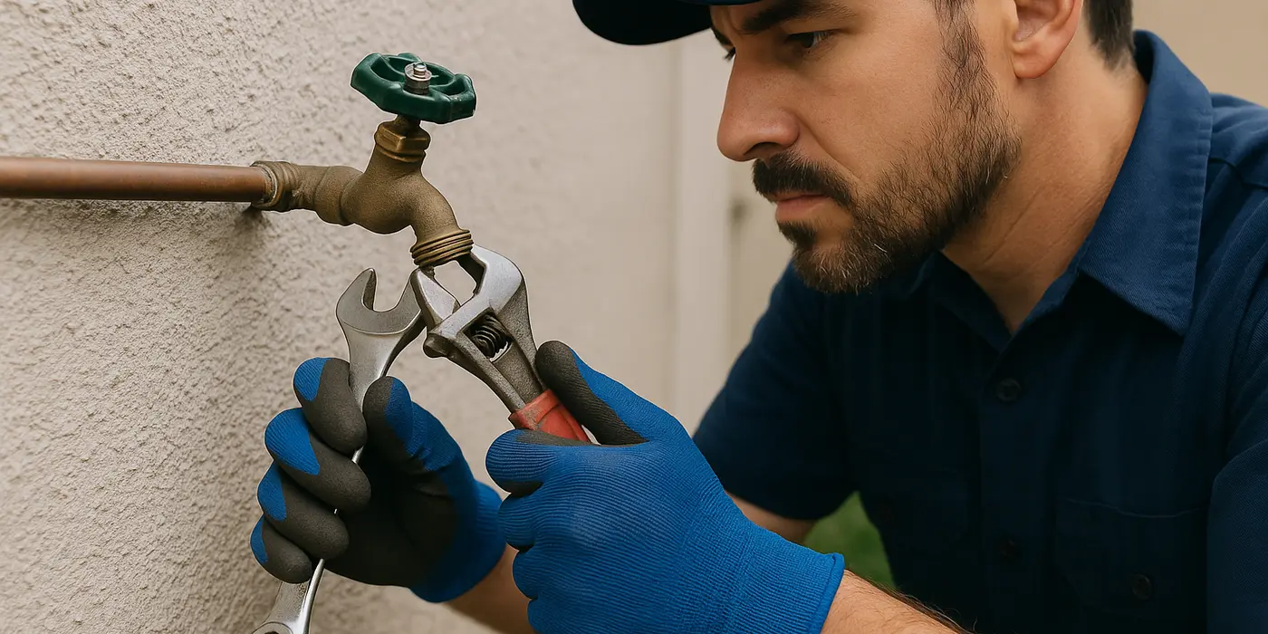 A male plumber fixing an outdoor faucet from Houston Plumbing Repair in Houston, TX - Slab Leak Detection in Houston, TX