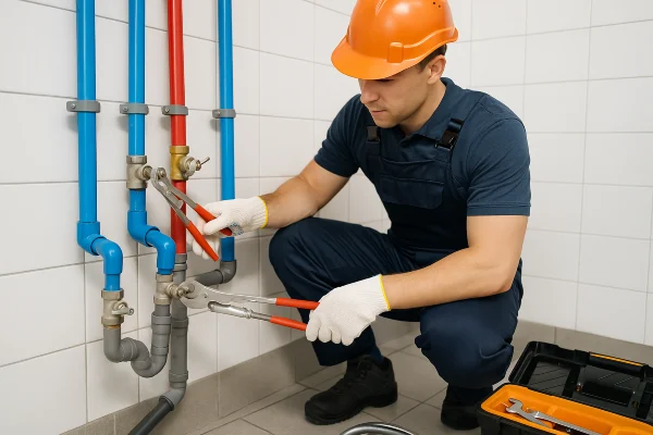 A plumber working on commercial pipe connections from Houston Plumbing Repair in Houston, TX - Slab Leak Detection in Houston, TX