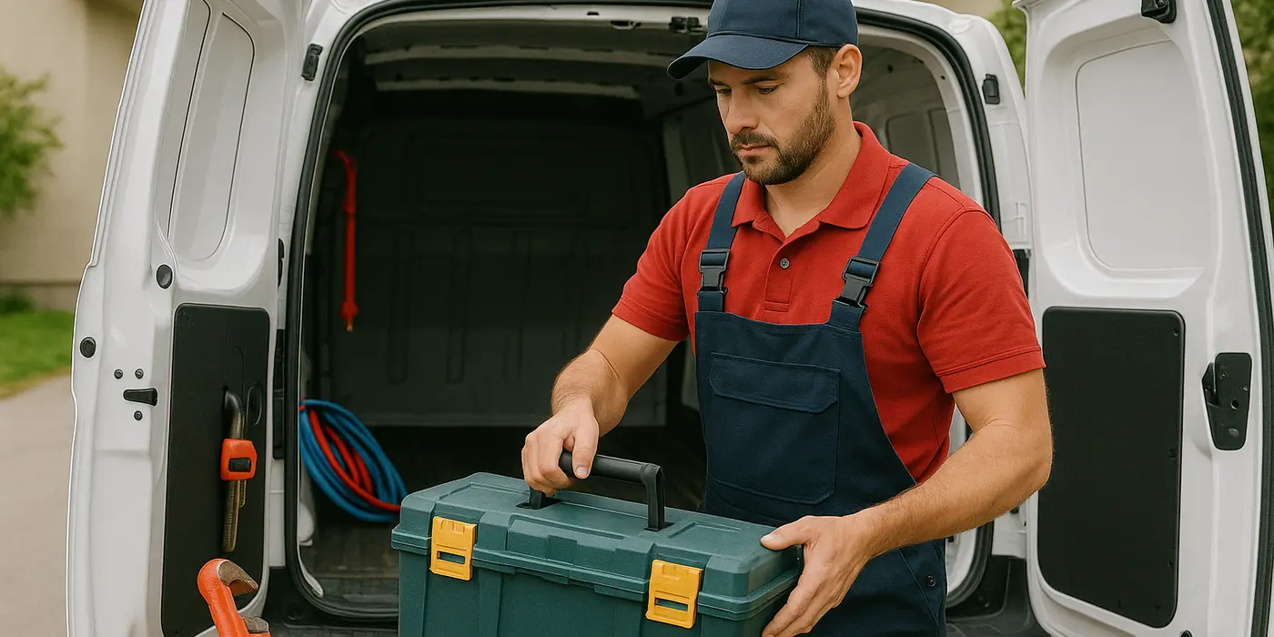 A plumbing technician putting his tool box back in his van from Houston Plumbing Repair in Houston, TX - Toilet Replacement Services