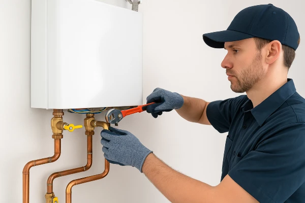 A plumber working on a tankless water heater from Houston Plumbing Repair in Houston, TX - Toilet Replacement Services A plumber working on a tankless water heater from Houston Plumbing Repair in Houston, TX - Toilet Replacement Services